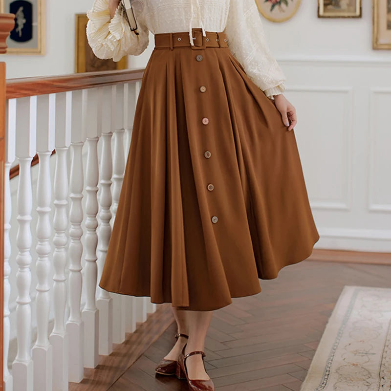 Dark Academia Pleated Maxi Skirt - High Waist with Belt