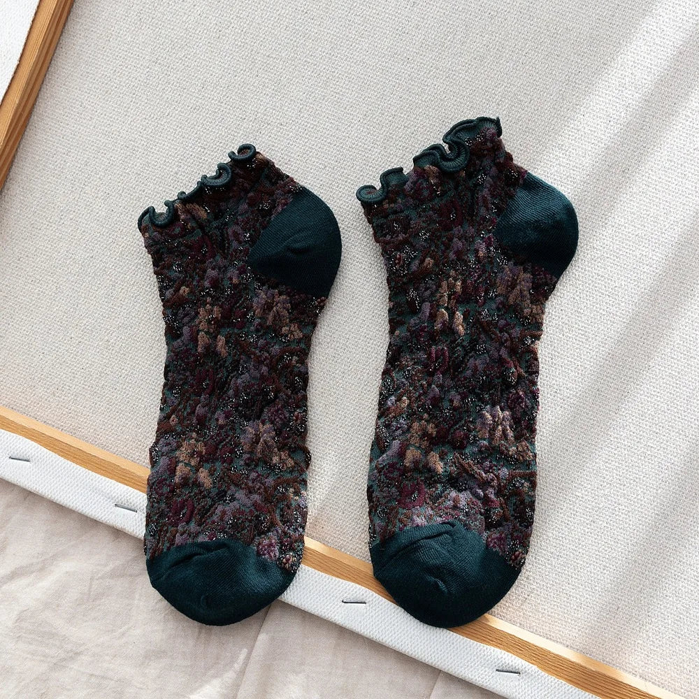 Dark Academia Ruffle Floral Embroidery Ankle Socks