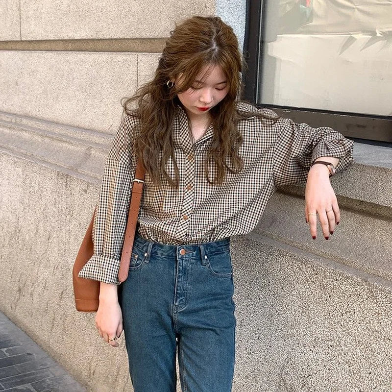 Dark Academia Plaid Shirt - Retro Button Blouse