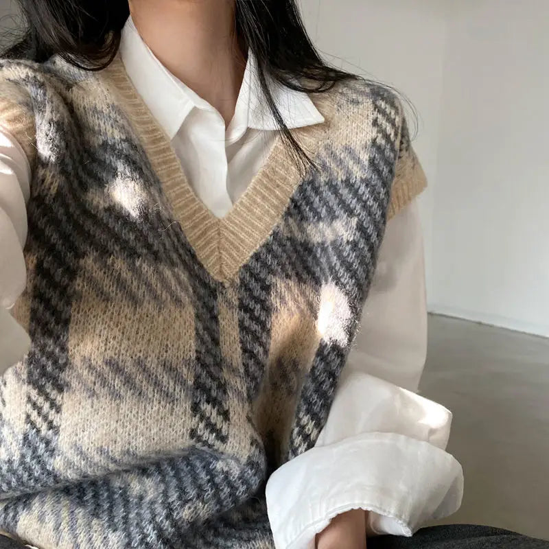Dark Academia Plaid Sweater Vest - Soft Warm