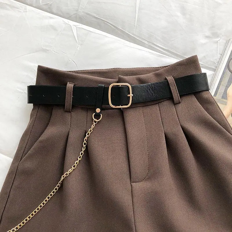 Dark Academia Woolen Shorts - Belt A-Line Slim