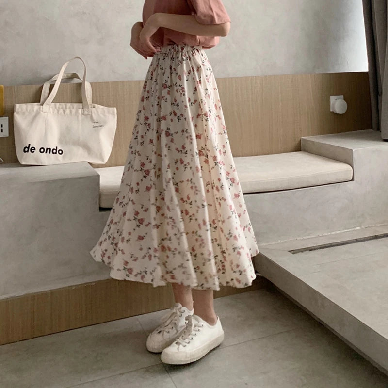 Dark Academia Floral A-Line Pleated Skirt - Elastic Waist