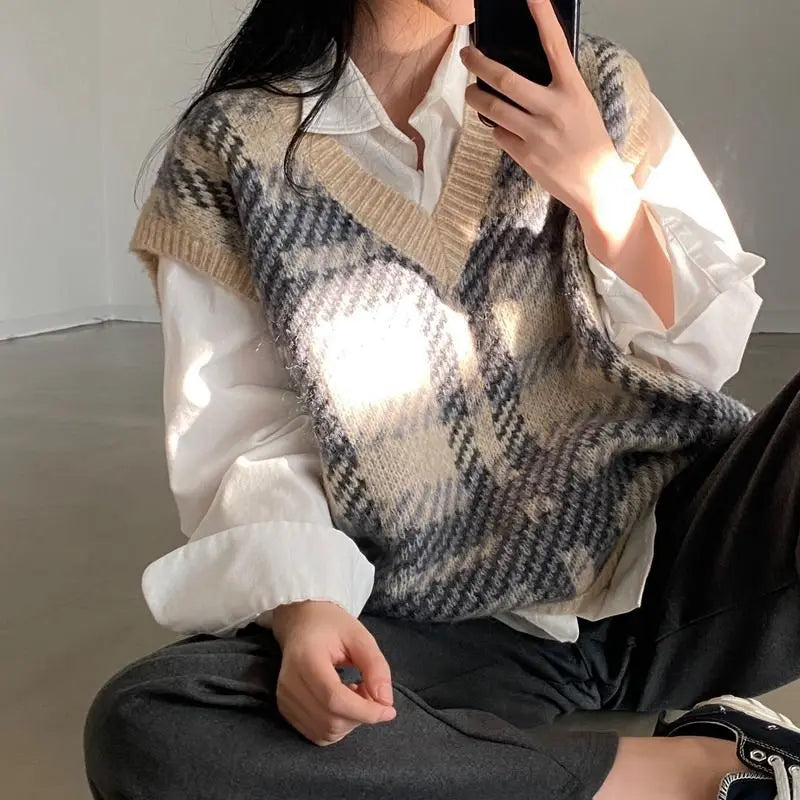 Dark Academia Plaid Sweater Vest - Soft Warm