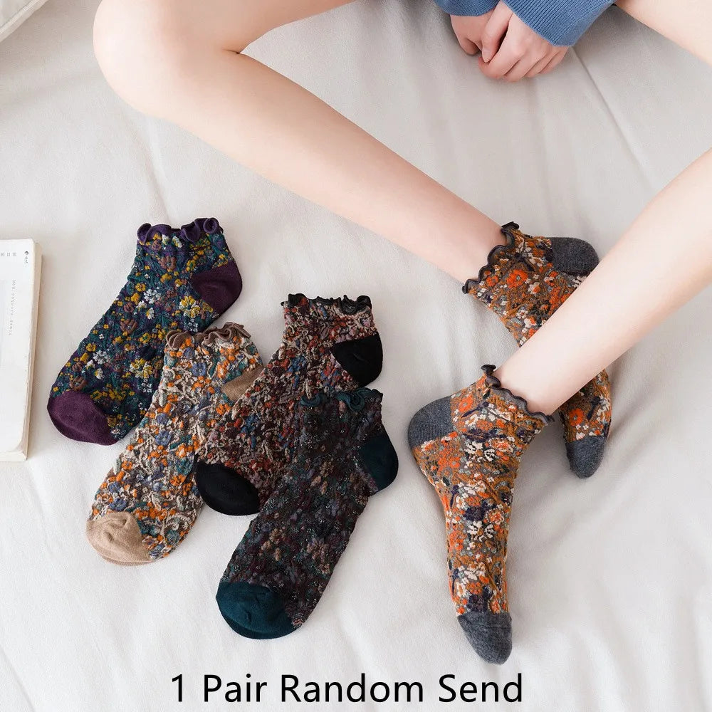 Dark Academia Ruffle Floral Embroidery Ankle Socks