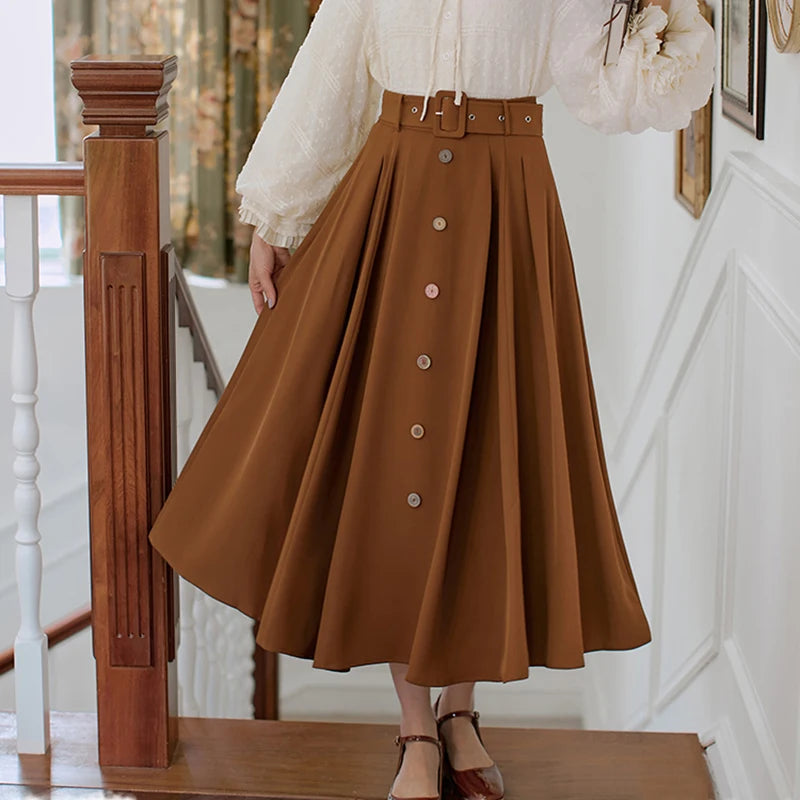 Dark Academia Pleated Maxi Skirt - High Waist with Belt