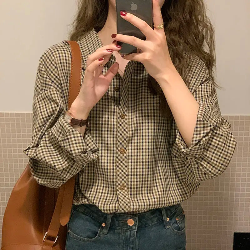 Dark Academia Plaid Shirt - Retro Button Blouse