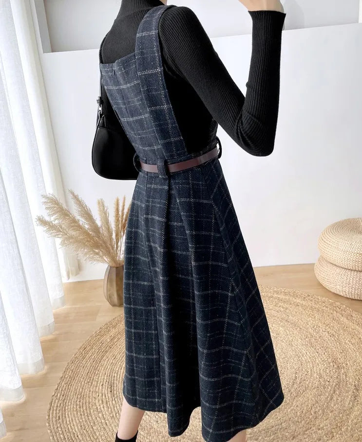 Dark Academia Two-Piece Set - Knit Sweater Plaid Dress