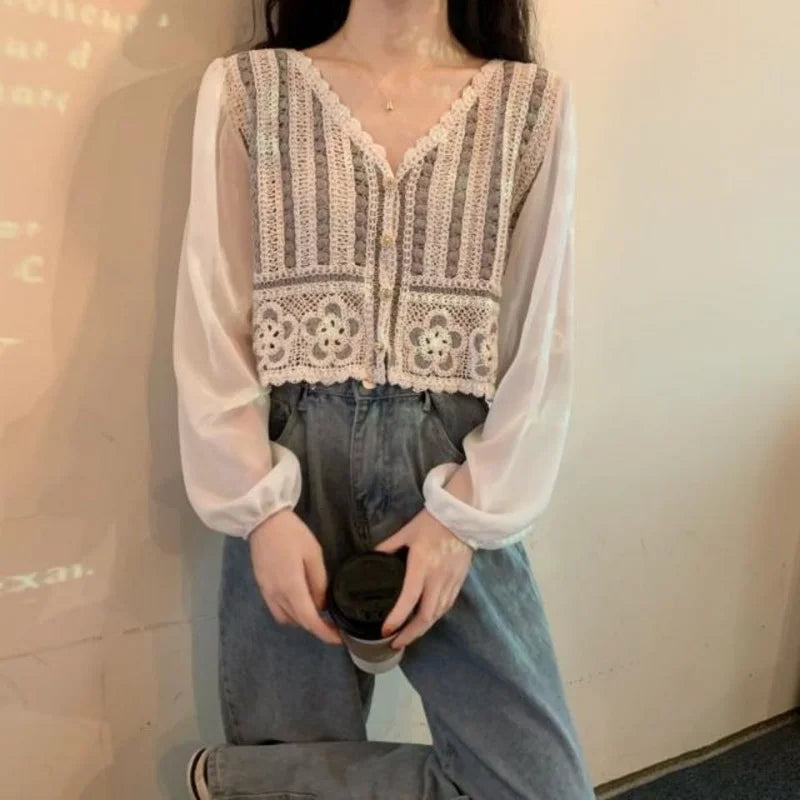 Dark Academia Embroidered Chiffon Blouse - French