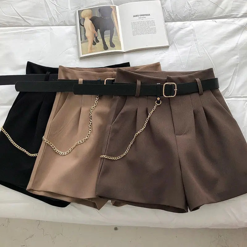 Dark Academia Woolen Shorts - Belt A-Line Slim