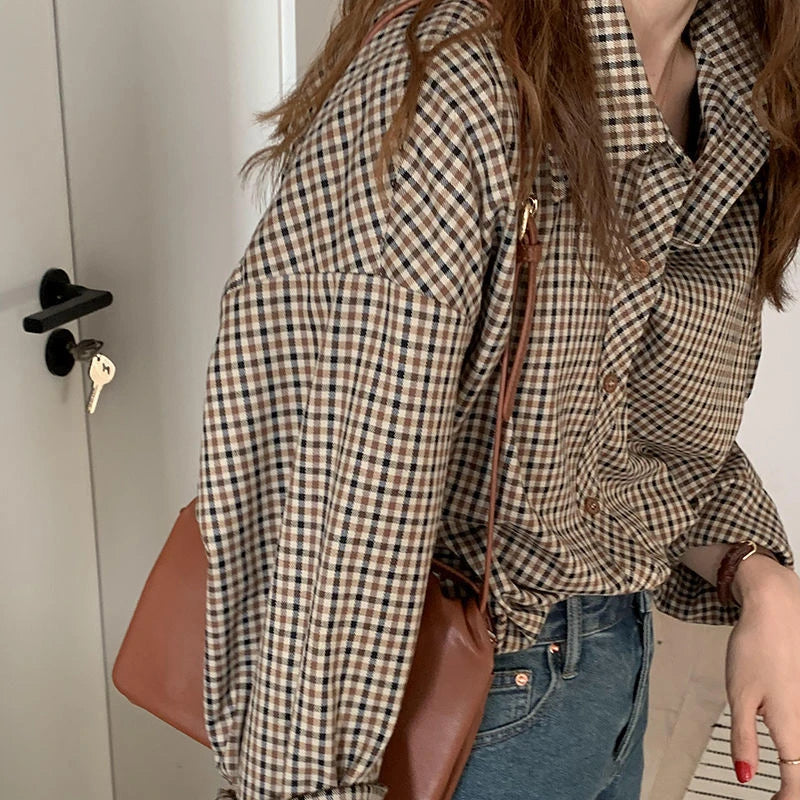 Dark Academia Plaid Shirt - Retro Button Blouse
