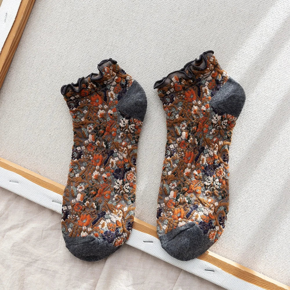 Dark Academia Ruffle Floral Embroidery Ankle Socks