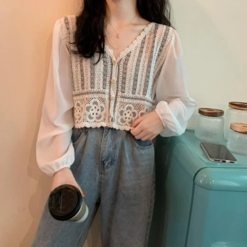 Dark Academia Embroidered Chiffon Blouse - French