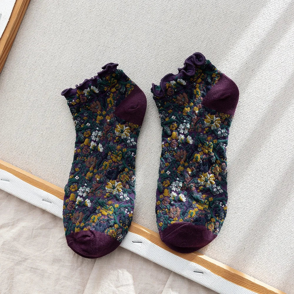 Dark Academia Ruffle Floral Embroidery Ankle Socks