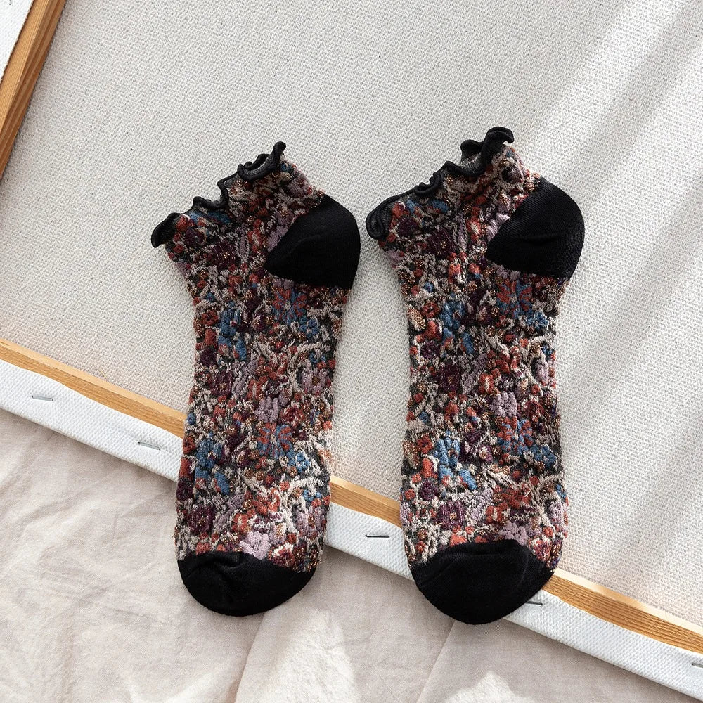Dark Academia Ruffle Floral Embroidery Ankle Socks