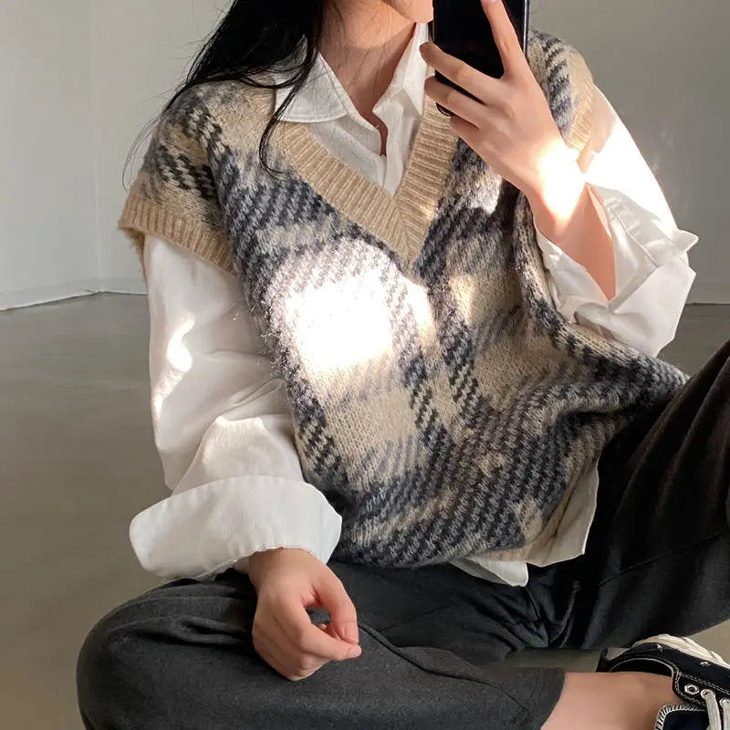 Dark Academia Plaid Sweater Vest - Soft Warm