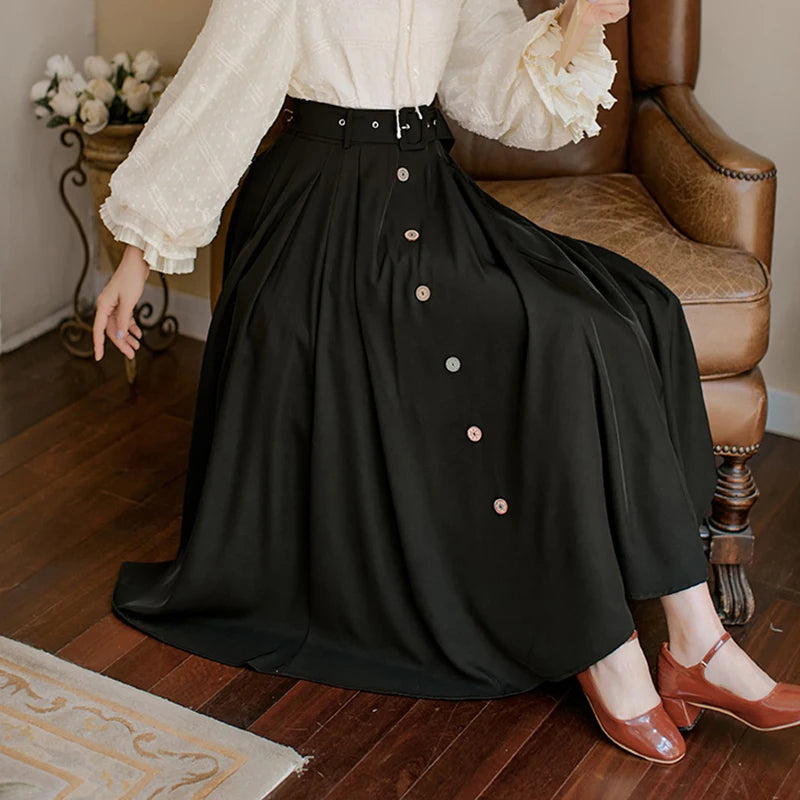 Dark Academia Pleated Maxi Skirt - High Waist with Belt