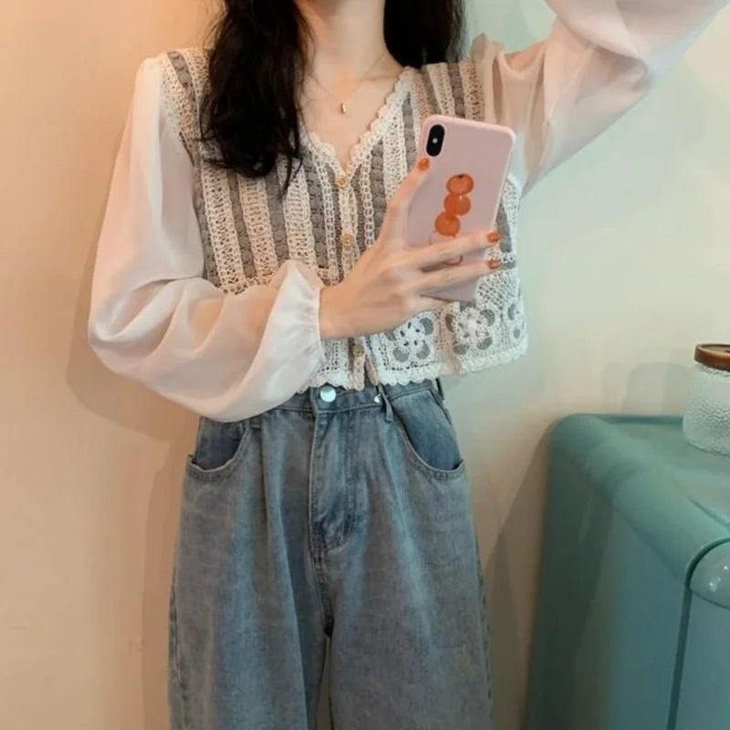 Dark Academia Embroidered Chiffon Blouse - French
