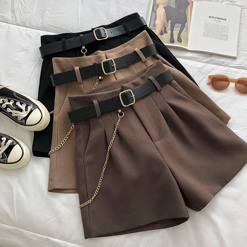 Dark Academia Woolen Shorts - Belt A-Line Slim