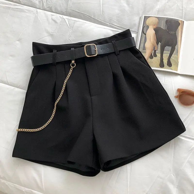 Dark Academia Woolen Shorts - Belt A-Line Slim