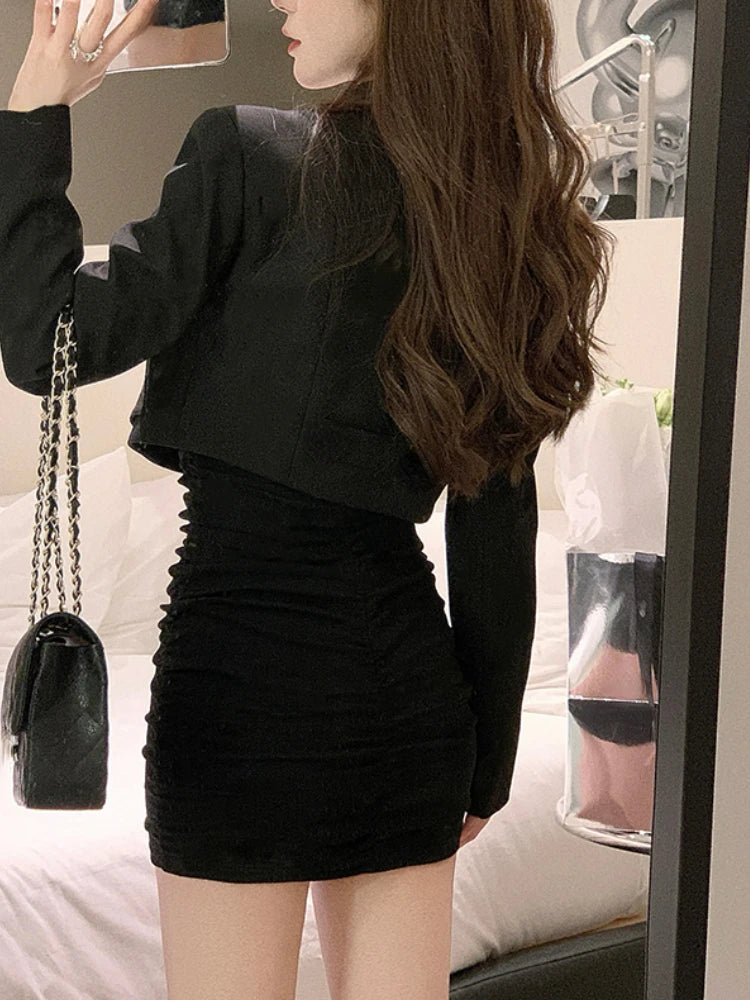 Dark Academia Black Bodycon Dress - Elegant Office Mini
