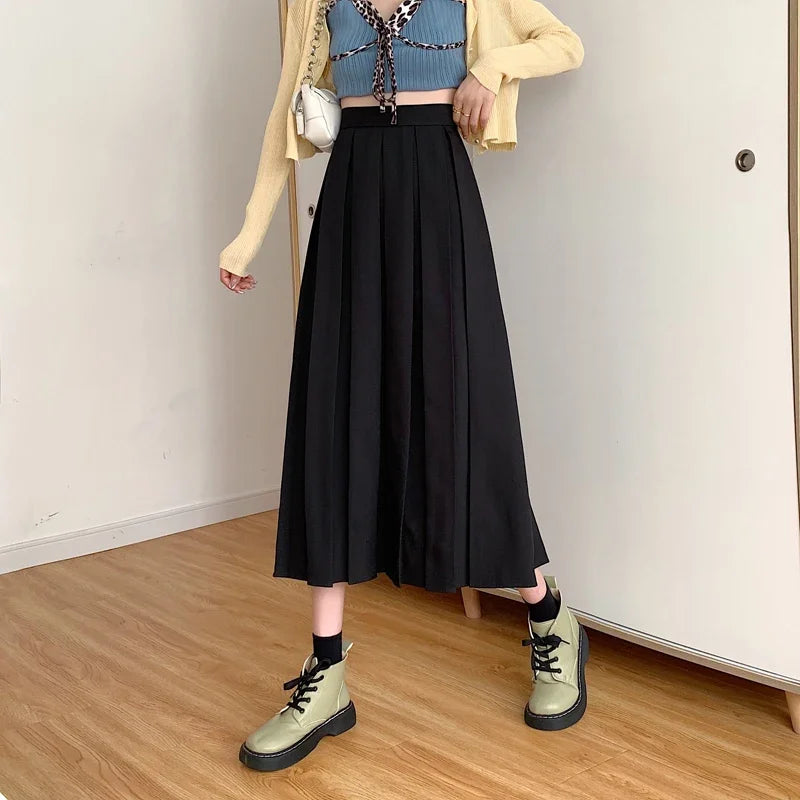 Dark Academia Pleated Midi Skirt - High Waist A-Line Style