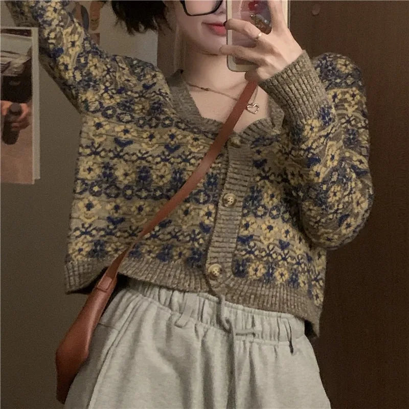 Dark Academia Floral Cropped Cardigan
