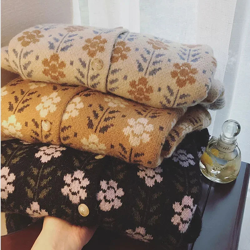 Dark Academia Floral O-Neck Cardigan - Sweet Retro