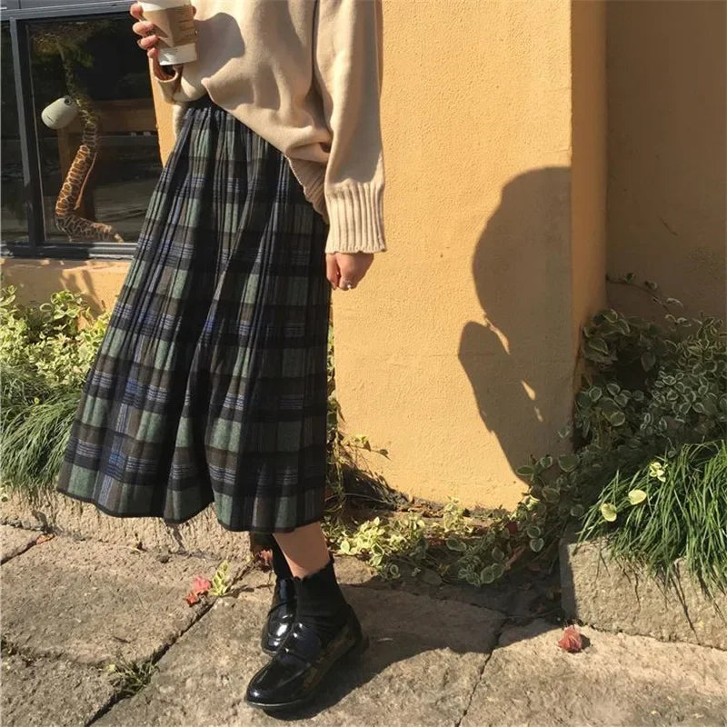 Dark Academia Wool Plaid Pleated Skirt - High Waist Long