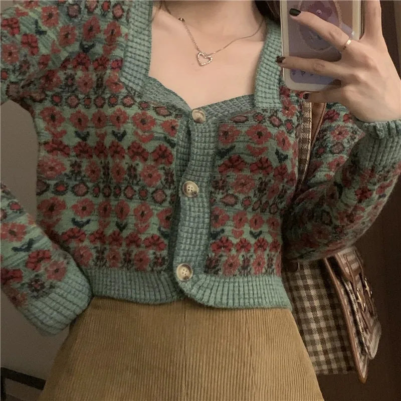 Dark Academia Floral Cropped Cardigan