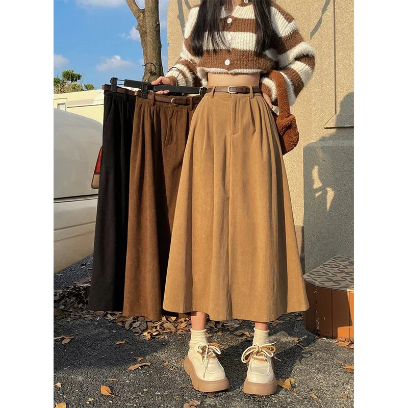 Dark Academia Corduroy Midi Skirt - High Waist Belt Style