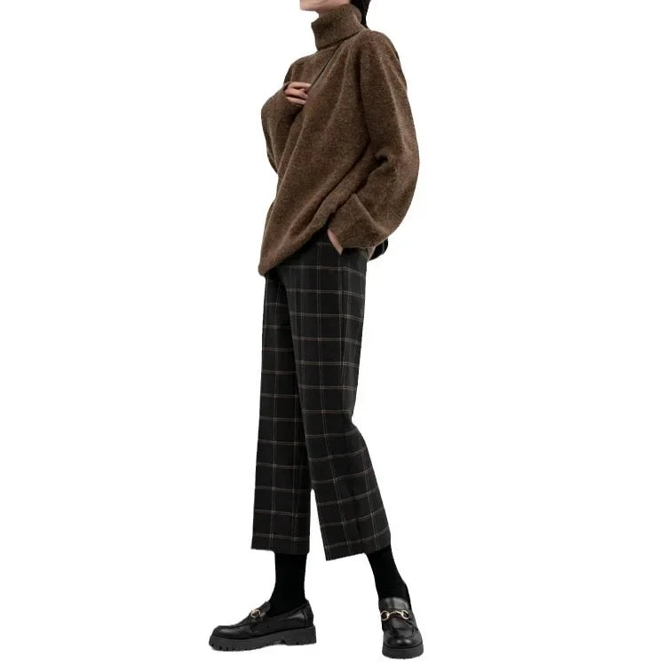 Dark Academia Plaid Woolen Pants - Straight Leg Trousers