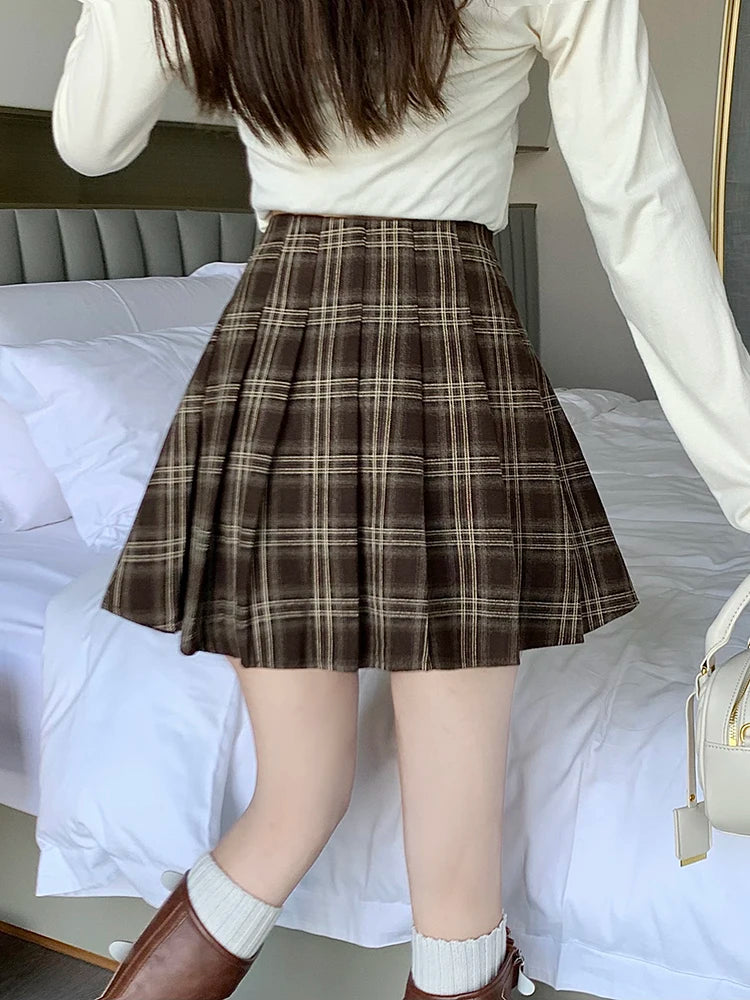 Dark Academia Coffee Plaid Wool Mini Skirt - High Waist