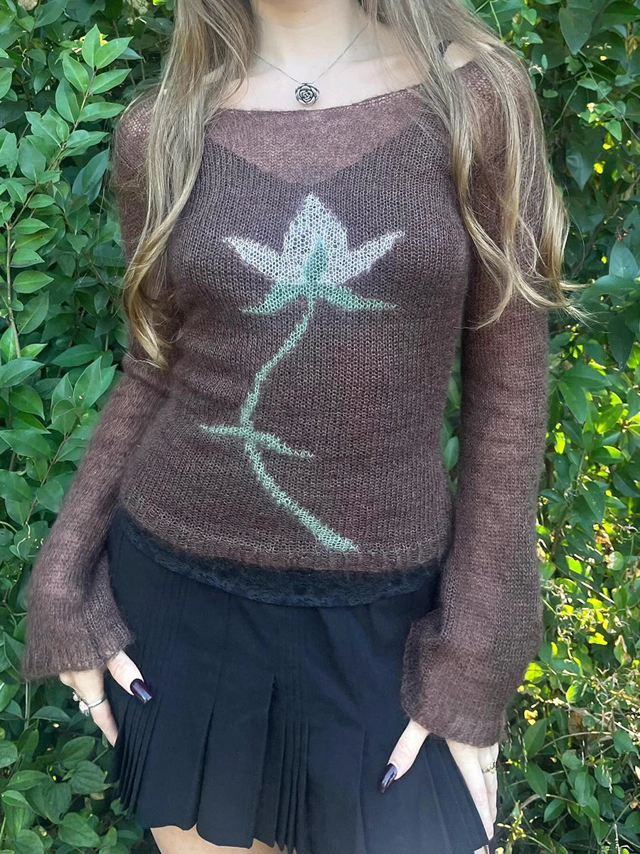 Dark Academia Y2K Flower Sweater - Vintage Print