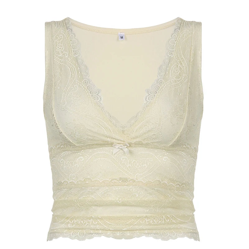 Dark Academia Y2K Sweet Tank Top - Bow Lace Crop