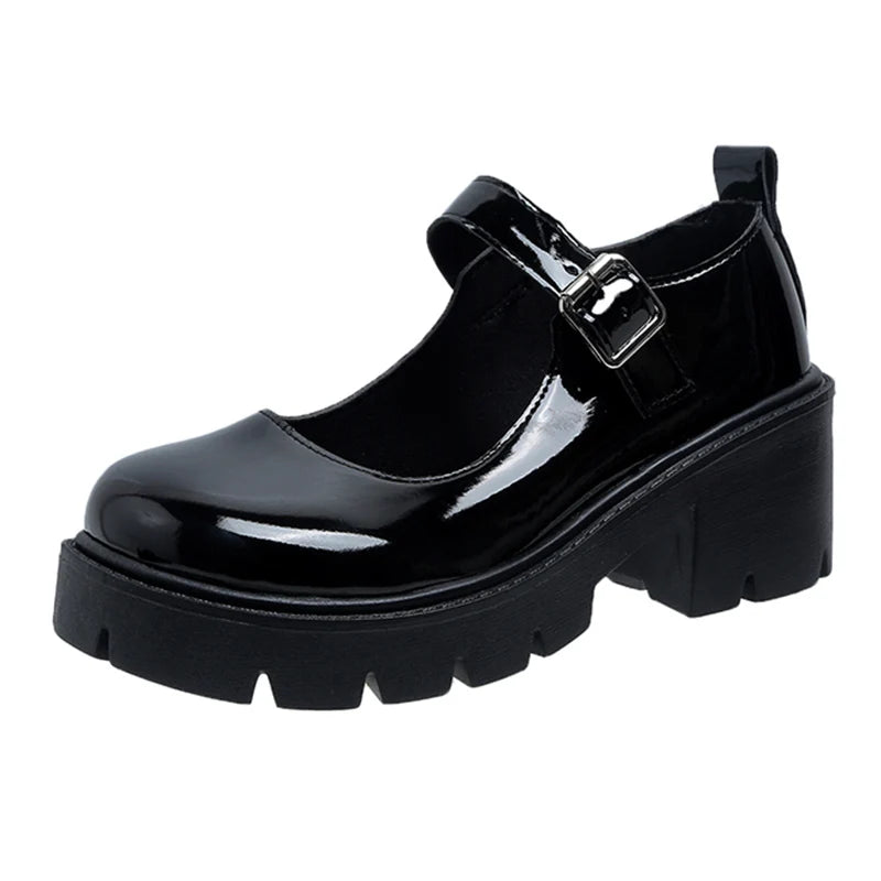 Dark Academia Buckle Platform Pumps - Black Thick