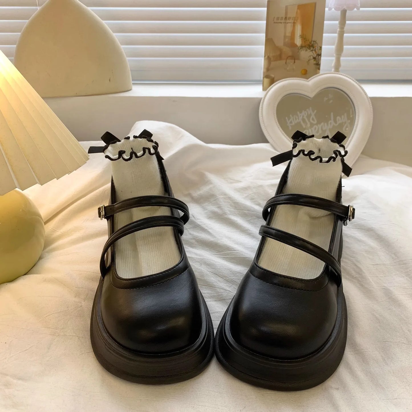 Dark Academia Leather Platform Shoes - Black Gothic