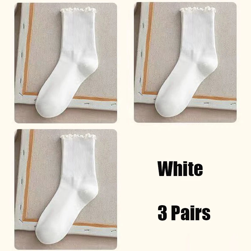 Dark Academia Ruffle Cotton Tube Socks 3-Pack