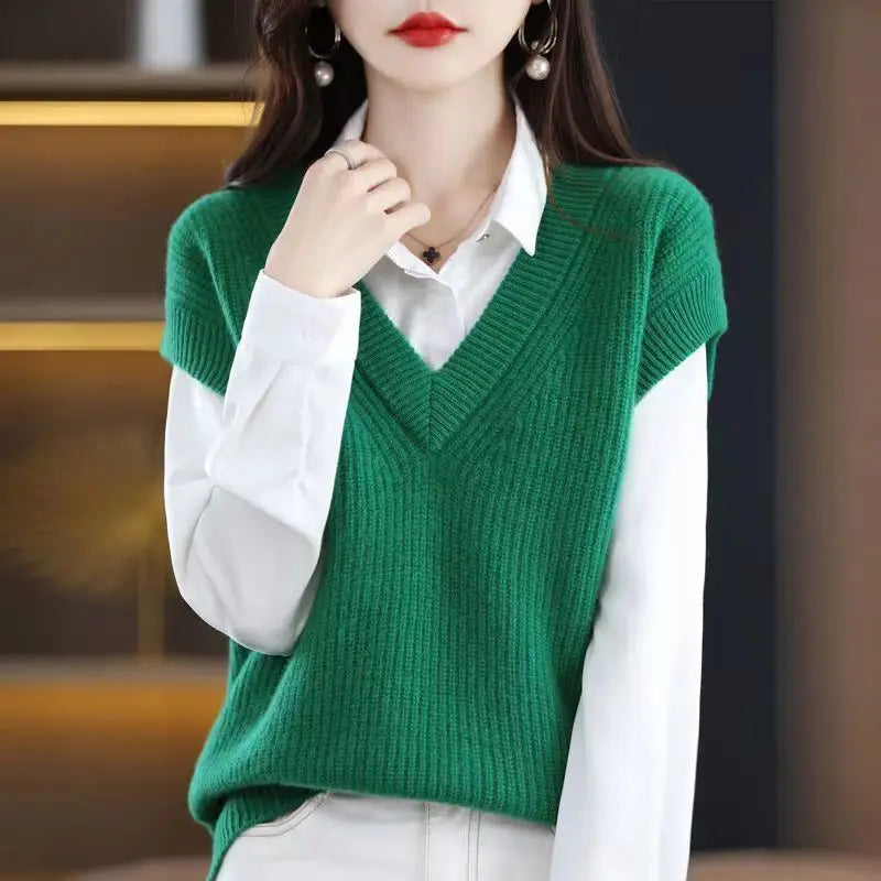 Dark Academia Solid Knitted Vest - V-Neck Loose