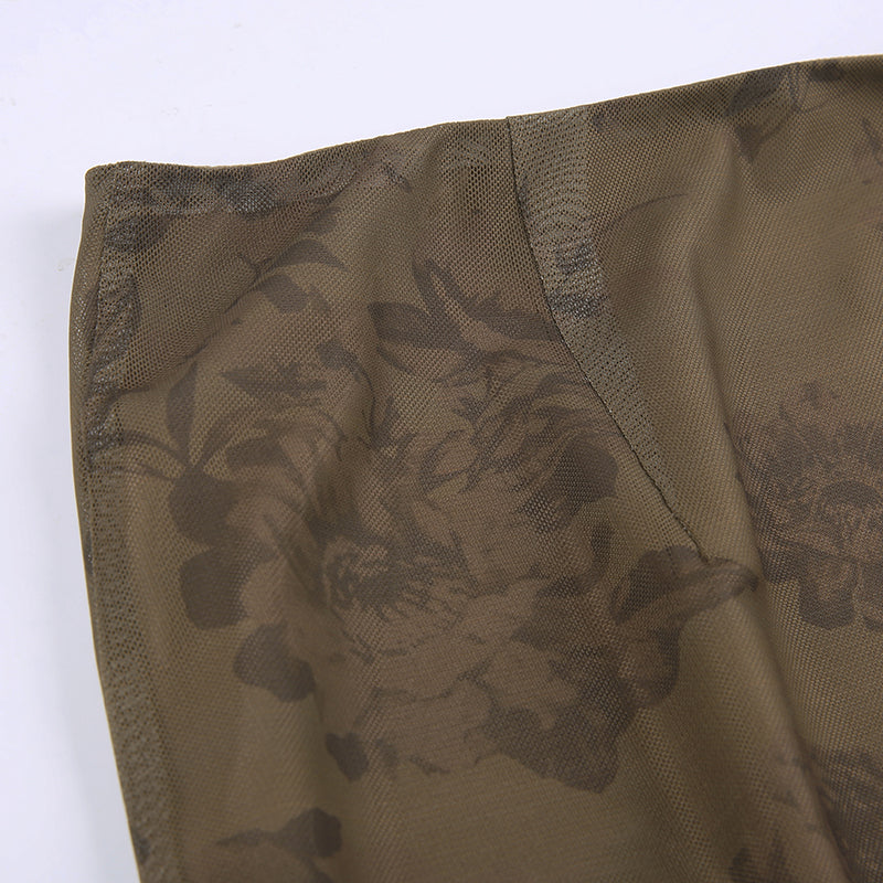 Dark Academia Vintage Floral Long Skirt - Mesh Aesthetic