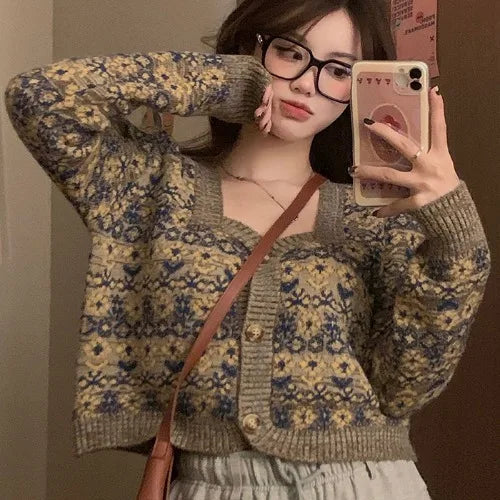 Dark Academia Floral Cropped Cardigan