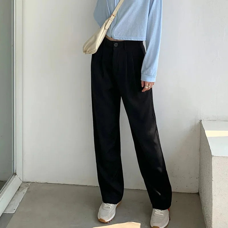Dark Academia Black Wide Leg Pants - High Waist Suit Style