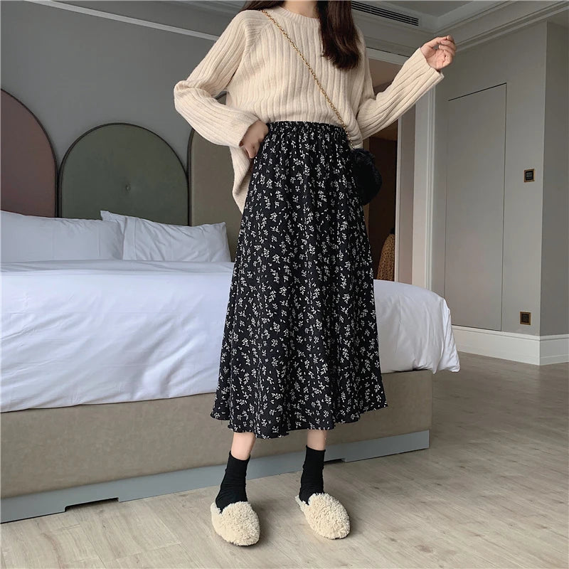 Dark Academia Floral A-Line Pleated Skirt - Elastic Waist