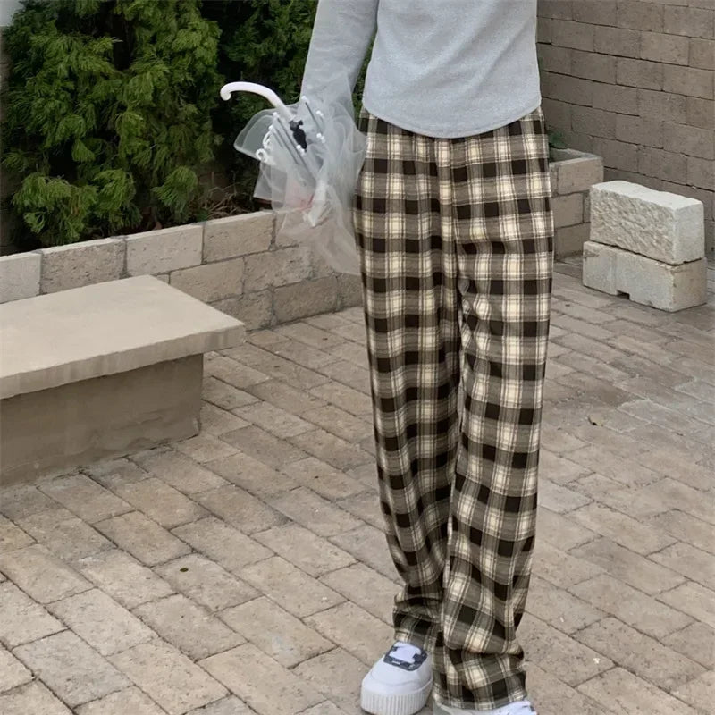 Dark Academia Plaid Wide Leg Pants - Winter Casual Style
