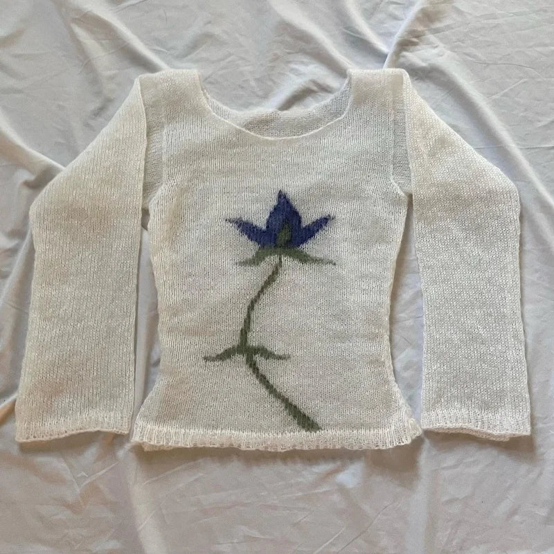 Dark Academia Y2K Flower Sweater - Vintage Print
