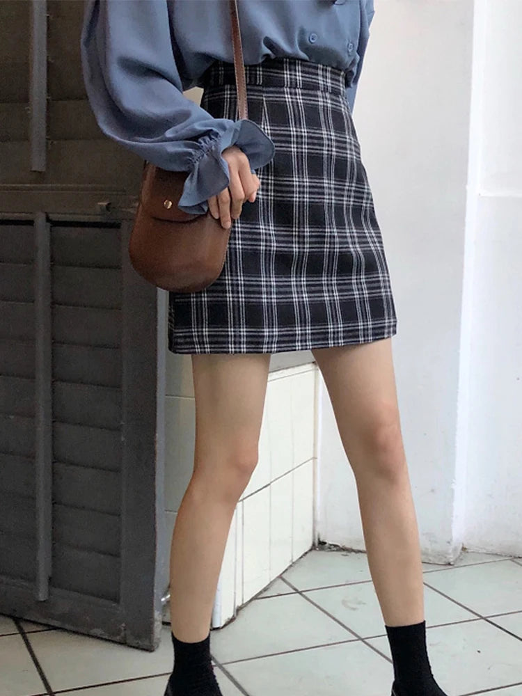Dark Academia Retro Plaid Mini Skirt - High Waist A-Line