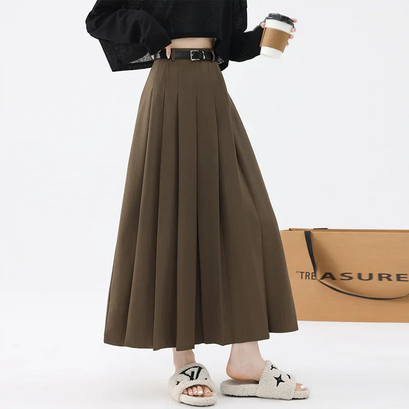 Dark Academia Beige A-Line Skirt - High Waist College