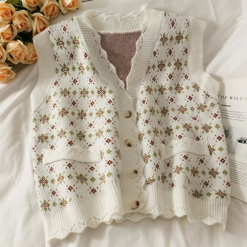 Dark Academia Vintage Print Vest - V-Neck Loose
