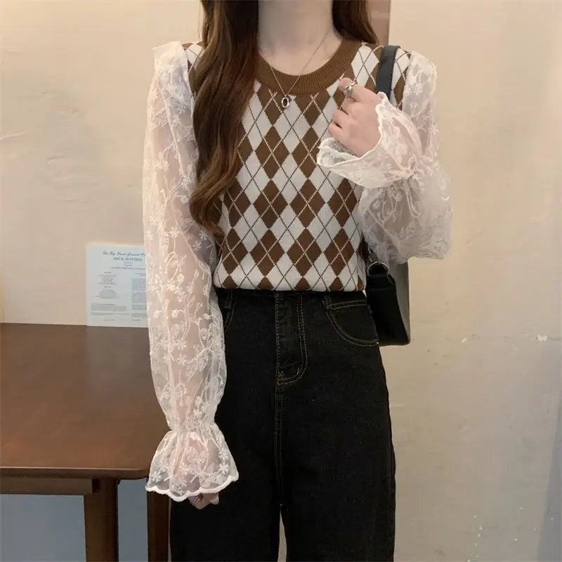 Dark Academia Diamond Grid Vest - Two-Piece Style