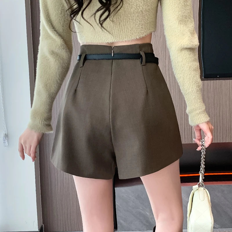 Dark Academia Gray Irregular Shorts - Belt Elegant