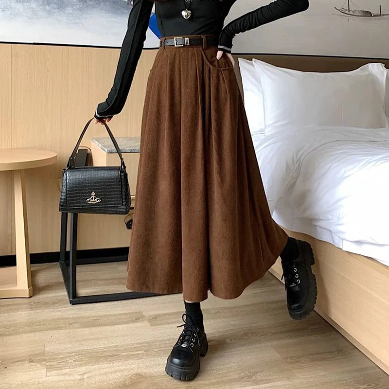 Dark Academia Corduroy Pleated Skirt - High Waist Midi